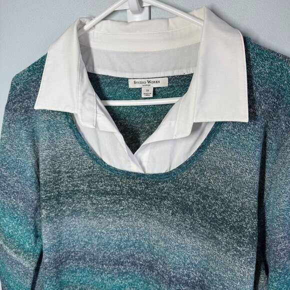 Studio Works Womens Blue/Green Layered Collar Sweater 3X Casual Preppy - Picture 3 of 11